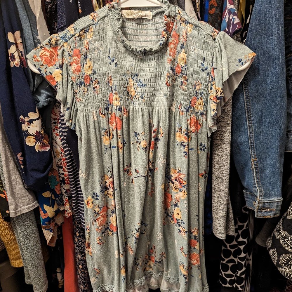 Rewind Shirt Top Green Floral Small Short Sleeve High Collar